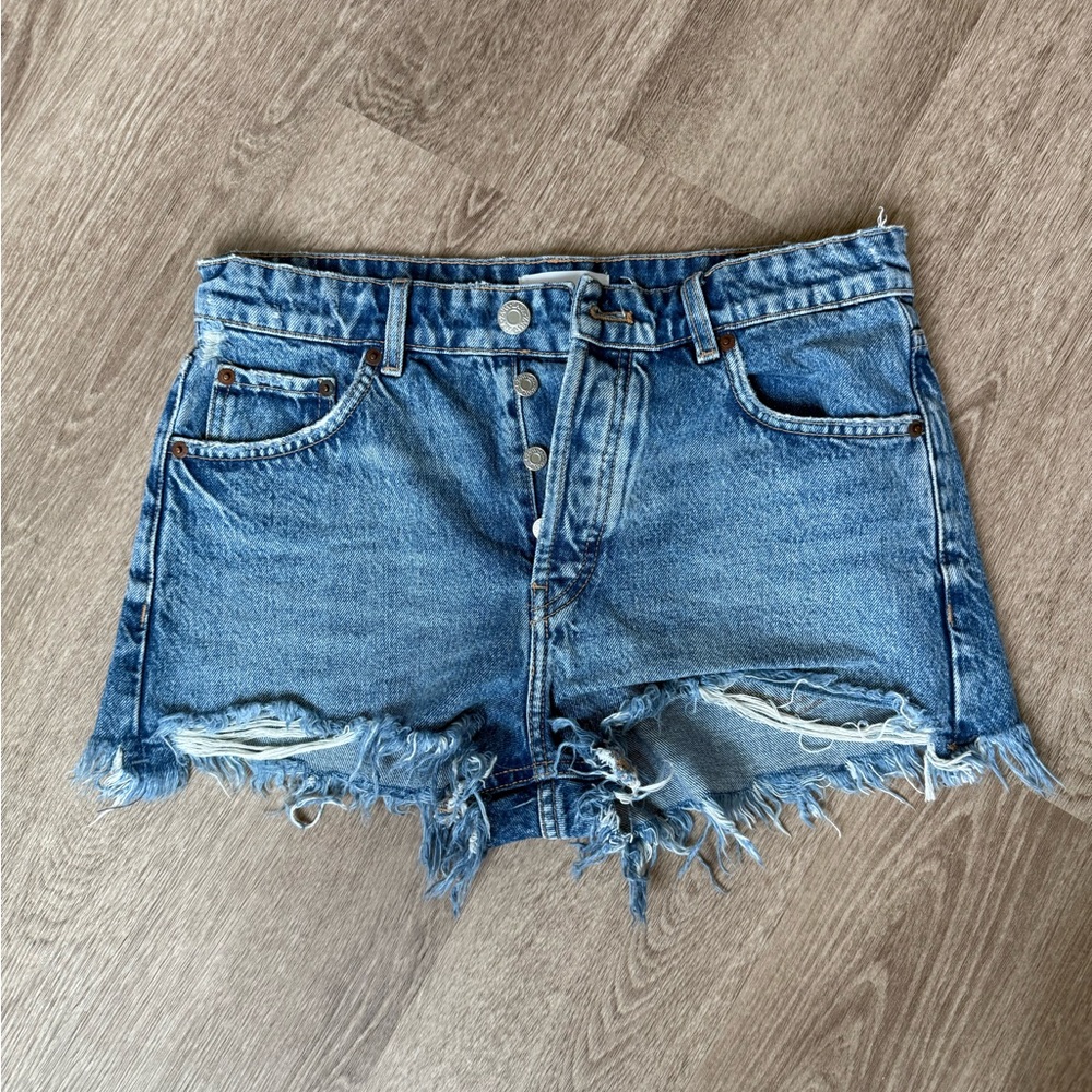Zara Blue Jean Shorts Distressed High-Waisted